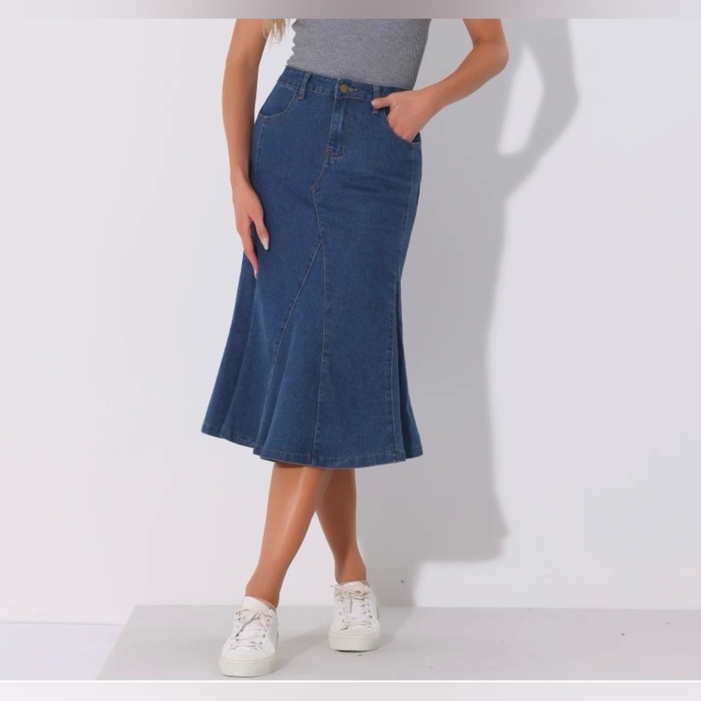 Allegra K Casual Denim High Waisted A-Line Flared Midi Skirt, Medium Blue